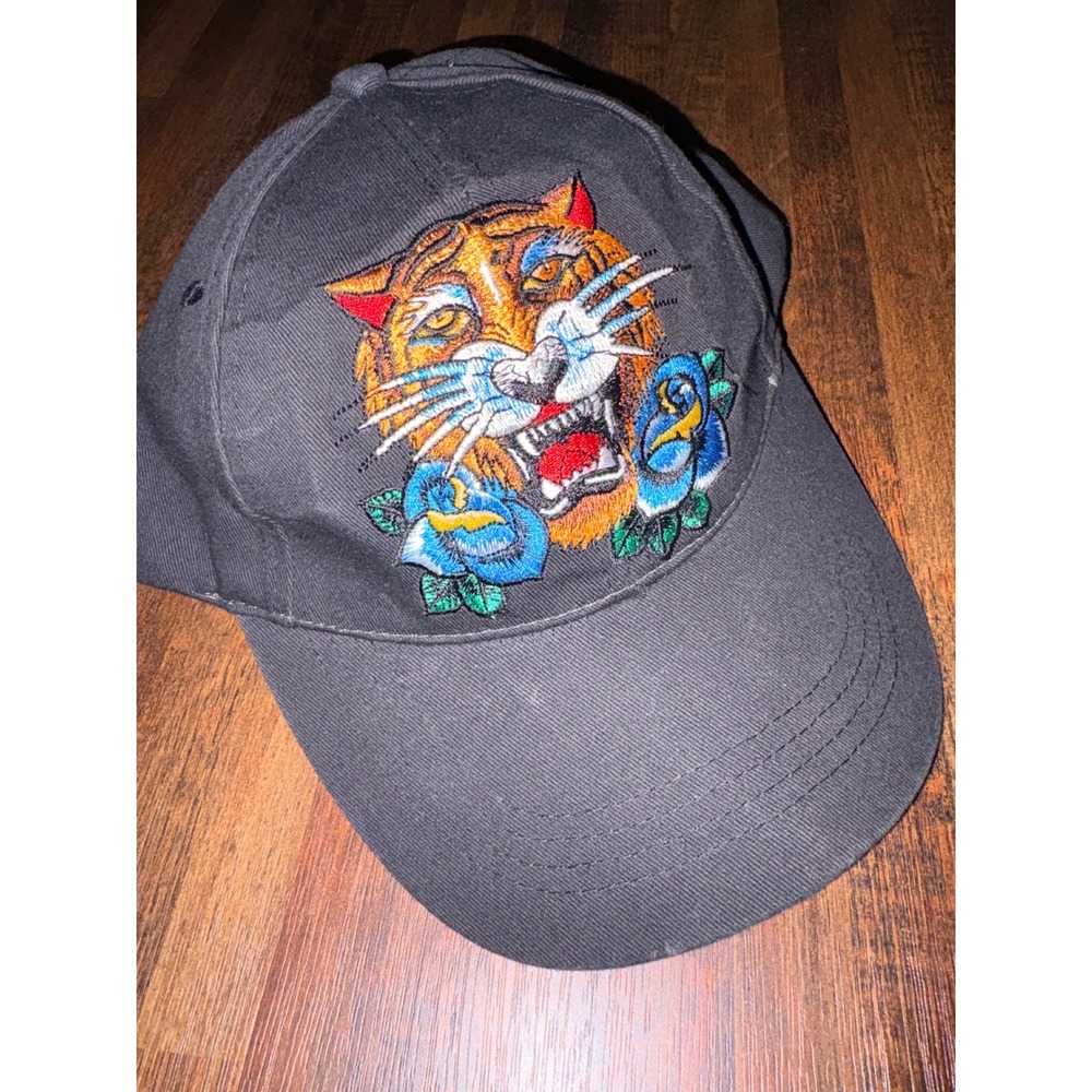 Top Ten Black Washed Cotton Tiger Rose Embroidered Baseball Cap HAT-1325 NWT